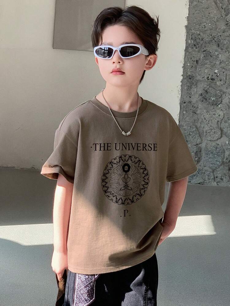 Tween Boy Casual Daily Commute Letter Print Dropped Shoulder Loose Short Sleeve T-Shirt, Summer
