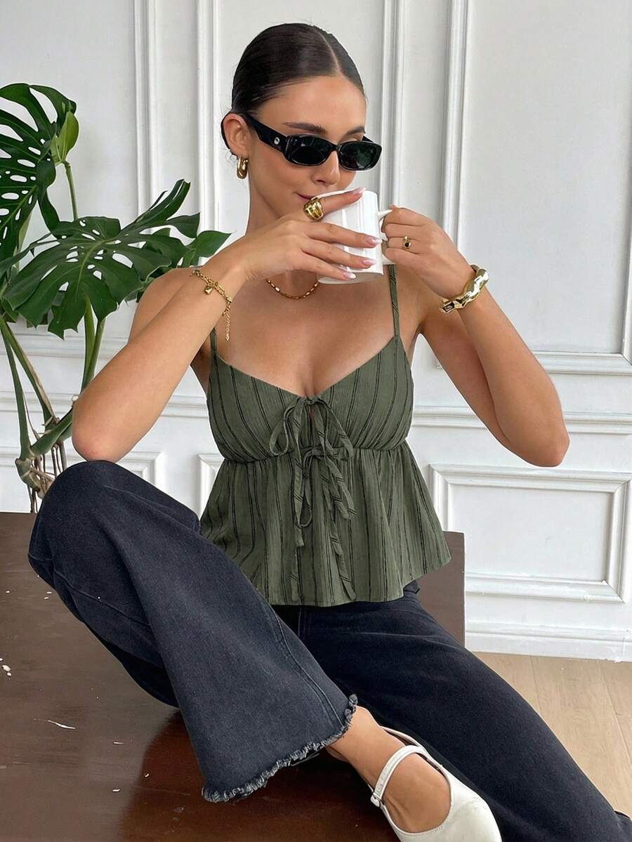 Serisse Women's Striped Spaghetti Strap Tie-Up Ruffle Hem Summer Fashion Camisole - Dark Green - View 1