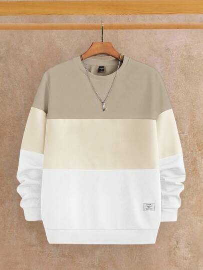 HIMLAND 男士撞色圆领长袖针织休闲拼接卫衣