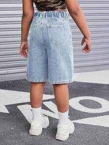 SHEIN Tween Girl Trending Retro Washed Loose Fit Baggy Bermuda Denim Shorts With Slanted Pockets, Fall Streetwear,Kids - Light Wash - View 2