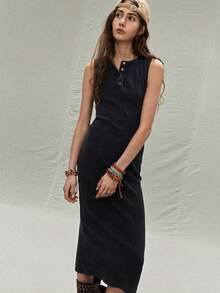 SoleilVie Women's Round Neck Backless Slit Hem Elegant Dress - Black - View 3