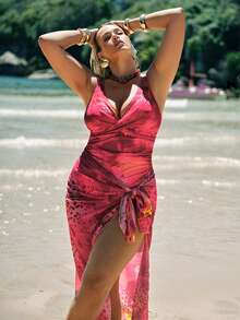 SHEIN BAE Plus Size Women Floral Print Ruched One-Piece Swimsuit, Casual Resort Pool Wear Beach Outfits For Women Plus Size Bathing Suits Women - Hot Pink - View 6