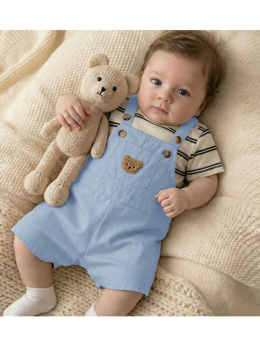 Loomiva Newborn Baby Boy/Girl Cartoon Bear Pattern Knit Soft Crew Neck Long Sleeve Raglan Pullover Top And Bib Pants 2-Piece Set - Dusty Blue - View 1