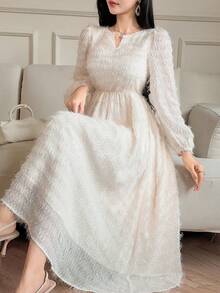 DAZY Women's Fringe Textured Fabric Waist Cinched Long Sleeve Elegant Dress - Beige - View 6