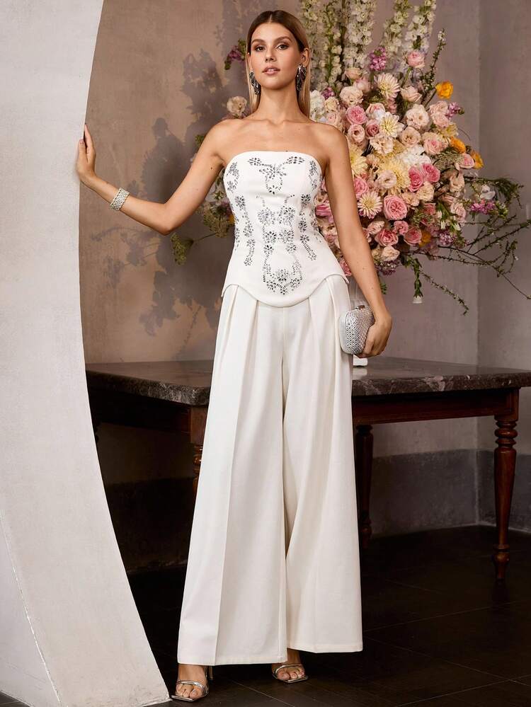 MOTF Soiréza MONO DE PIERNA ANCHA CON EMBELLECIMIENTO DE CRISTALES 2 EN 1 PARA MUJER, PRIMAVERA/VERANO