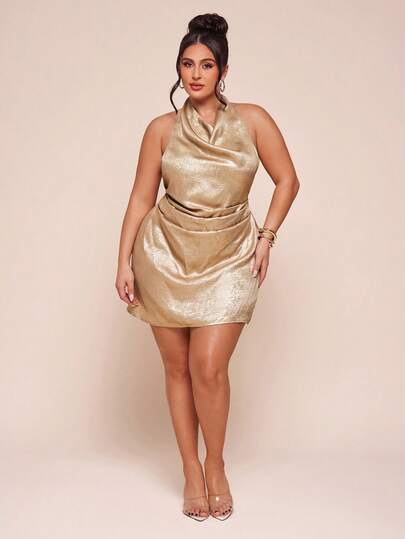 SHEIN BAE Plus Size Minimalist High-End Backless Criss-Cross Apricot Mini Pleated Dress, Party Dresses For Women, Club Outfits Women Sexy,Dresses For Women Elegant,Valentine's Day,Valentine Outfits For Women,Women Ruffle Hem Long Strap Dress,Spring To Summer ,Spring Outfit Women,Valentine's Day Outfit ,Women Carnival Costume,Party,Beach Outfit For Women,Wedding,Elegant,Summer Holiday Outfits,Vacation,Sexy, Music Festival, Easter, Beach Vacation, Summer, Beach, Party, Birthday, Gold