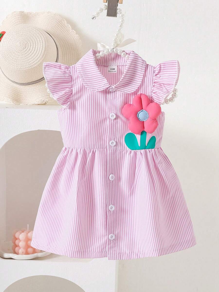 SHEIN Vintaside Kids 1件女婴翻领娃娃连衣裙，短袖纽扣荷叶袖吊带短裙，高腰宽松条纹3D花卉印花时尚百搭可爱甜美休闲户外旅行夏季新款