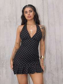 Rayane Ketlyn 深 V 领黑白波点休闲度假复古迷你连衣裙 - 黑色 - 查看 6