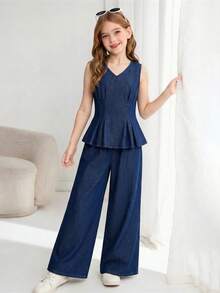 SHEIN 2Pcs Tween Girls Fashion Casual Y2k Vintage Cool Street Two Pieces Set Of Dark Blue Sleeveless Denim Top With A Cinched Waist And Pleated Design And Loose Jeans With Elastic Band Waist For Kids Clothes Tween Girls Dailywear And Kids Spring And Summer Rave Outfits Festival And Outfits Streetwear Clothes - Blue - View 2