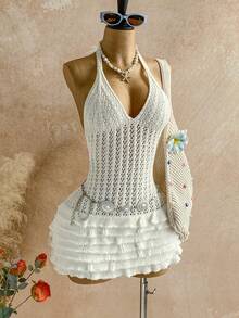 Soleia 新款针织露背系带多层荷叶边迷你连衣裙，适合派对、约会、情人节、复活节、狂欢节、下午茶、海滩、邮轮、城市度假等场合。 - 白色 - 查看 6