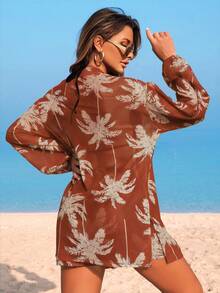 Swim Lushoire Women's Beach Vacation Outfit, Mesh Fabric Coconut Tree Print Long Sleeve Cover Up Top, Printed Drawstring Shorts, Cover-Up Set - Khaki - View 2
