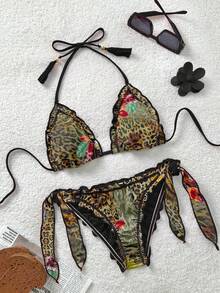Soleia Bộ bikini đi biển cỡ lớn dành cho nữ, kiểu dáng cổ điển, họa tiết da báo, ngựa vằn, hoa lá nhiều màu sắc, có bèo nhún, buộc dây phía trước và trang trí tua rua. - màu đen - Xem 1
