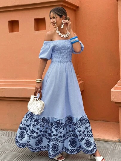 Selianne 女士露肩条纹A字开衩连衣裙，休闲度假装，春夏款