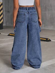 SHEIN Tween Girls' Y2K Trending Stonewashed Multi-Pocket Distressed Cargo Jeans Baggy Wide Leg Pants,Tween Girl Fall Clothes Back To School Outfits - Dark Wash - View 2