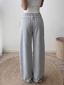 Flirla 女士灰色筒状裤腿褶裥抽绳斜插口袋运动裤，低腰，秋冬时尚，适合教师、学生、毕业典礼、休闲、街头风、日常穿着，简约百搭 - 灰色 - 查看 2