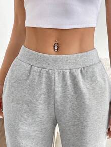 Flirla 女士灰色罗纹腰带低腰口袋直筒阔腿运动裤，秋冬时尚，适合教师、学生、毕业典礼、休闲、街头风、日常穿着，简约百搭 - 灰色 - 查看 5