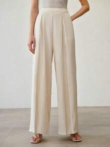 MOTF PREMIUM 女士纯色褶裥阔腿办公西装裤 - 米色 - 查看 4