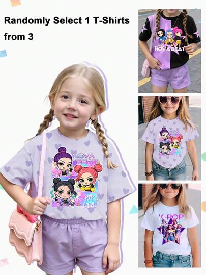 3pcs Random Assorted Young Girls' Casual Fashionable Creative Personalized Refreshing Cool Virtual Girl Group Star, Heart, Letter Graphic Print Short T-Shirt, Comfortable Daily Wear, Suitable For Spring, Summer, Autumn