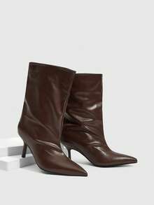 Daringsoles 女士尖头中筒靴，细跟，宽筒，酒红色，简约时尚，秋冬款 - 棕色 - 查看 2