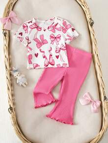 SHEIN Babygirl Cute Pink Bow Knit Top & Elastic Waist Pants Set, Summer - Pink - View 3