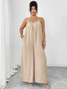 EMERY ROSE Mono de pierna recta con decoración de volantes en el busto, de tela similar al lino, para talla grande. Uso casual para salir, ir al trabajo, citas, fiestas, vacaciones - Albaricoque - Ver 6