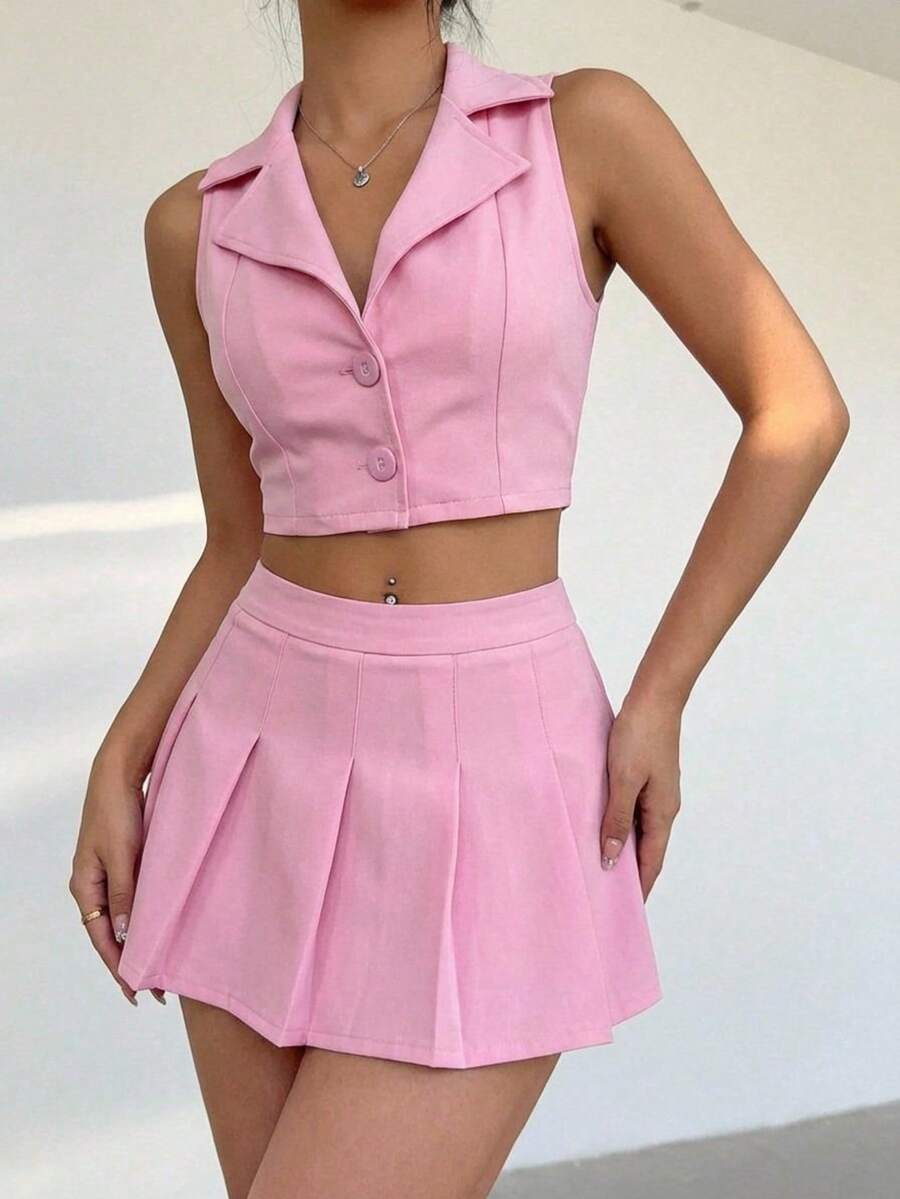 set 2 piezas falda tableada y chaleco, casual - Rosa - Ver 1