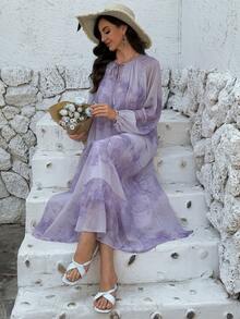 Vivie Lora 女士紫色扎染宽松褶皱中长连衣裙 - 紫色 - 查看 5