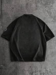 AXEPEAK 男士休闲日常通勤时尚街头字母印花宽松Polo衫，夏季 - 黑色 - 查看 3