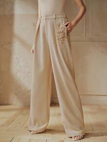 Anewsta Pantaloni da donna in tessuto jacquard, pantaloni eleganti da vacanza per signore con gamba dritta e decorazioni in perle - Albicocca - Visualizzare 4