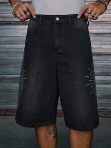 AXEPEAK Men's Washed Loose Casual Rhinestone Embellished Shorts - Black - View 3