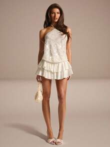 SHEIN BAE Damklänning i enfärgad paljett med volang och trendig elegant halterneck - Aprikos - Visa 3