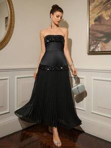Poshira Women's Elegant Party Sequin Patchwork Pleated Hem Strapless Cocktail Dress - Black - View 3
