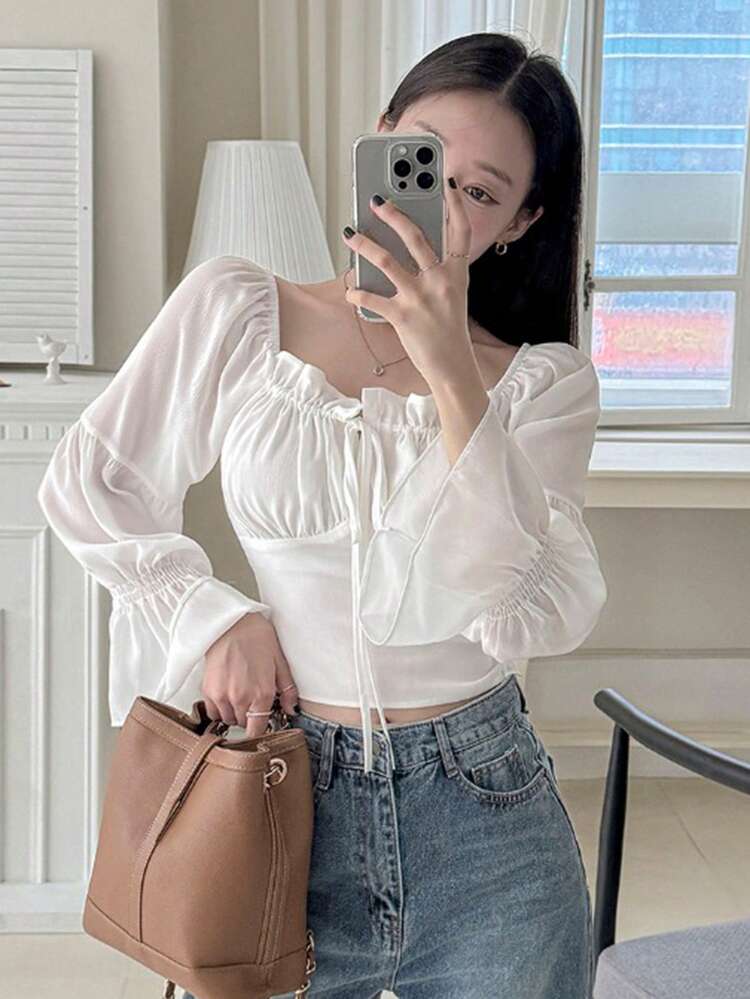 Early Spring French Niche Frill Trim Tie Front Puff Sleeve Cropped Chiffon Blouse For Women