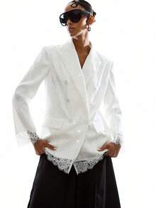 LYSMO 女士纯色蕾丝拼接双排扣优雅长袖西装外套 - 白色 - 查看 5