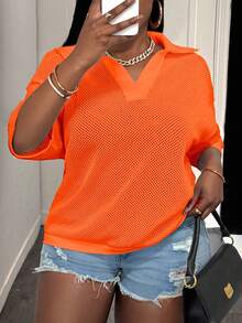 Slaydiva 宽松纯色V领落肩镂空针织休闲上衣，适合大码女性，春夏款 - 橘色 - 查看 8