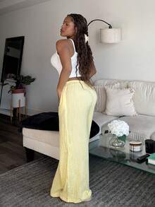 Tyla Gomez 女士亚麻低腰直筒休闲裤，适合休闲度假 - 黃色 - 查看 6