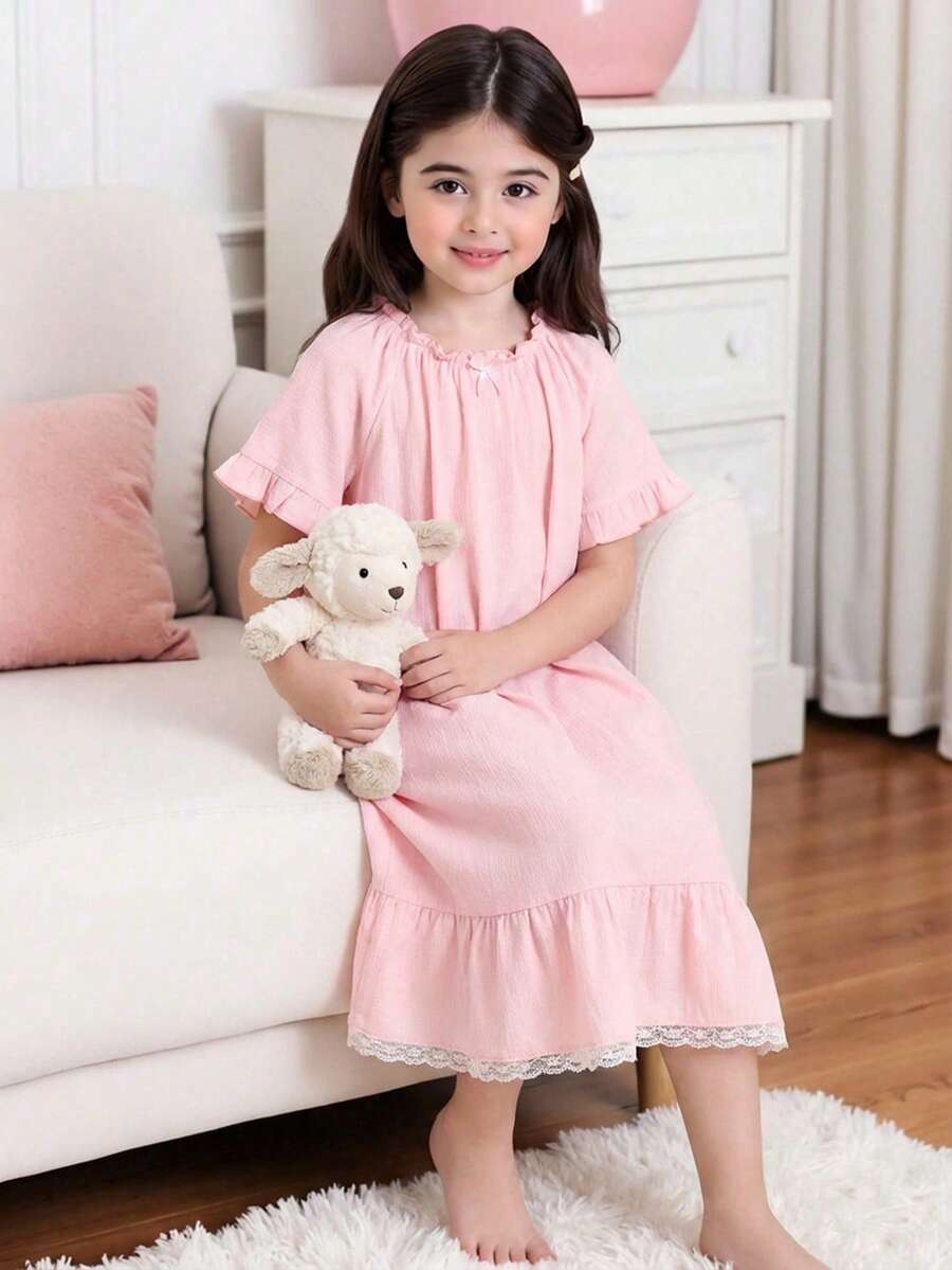 SHEIN Tween Girl Round Neck Short Sleeve Ruffle Trim Midi Dress - Pink - View 1