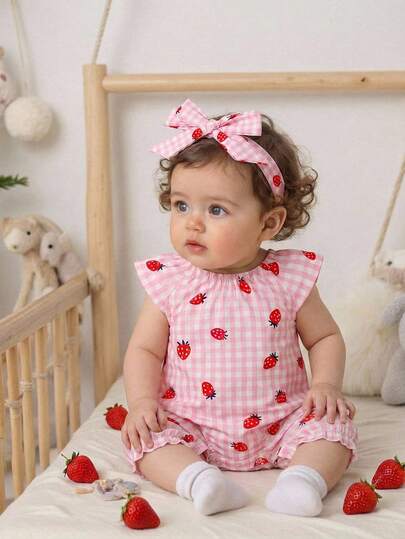 SHEIN Newborn Baby Plaid & Strawberry Print Romper With Bow Headband Set