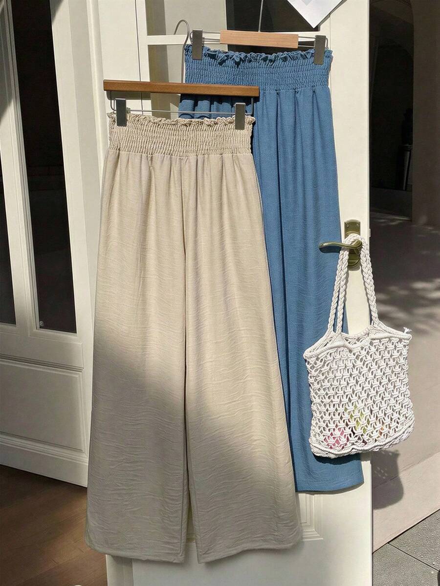2pcs Girls Casual Vacation Beach Countryside Travel Daily Versatile Ruffled Hem Loose Wide Leg Pants - Multicolor - View 1