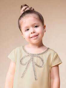 SUMWON Girls Short Sleeve Bow Detail Drop Waist Ruffle Hem Mini Dress With Embellished Neckline For Special Occasions For Casual And Vacation - Yellow - View 4