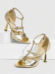 CUCCOO SZL 女士新款褶皱漆皮镂空露趾高跟凉鞋，金色 - 金色 - 查看 1