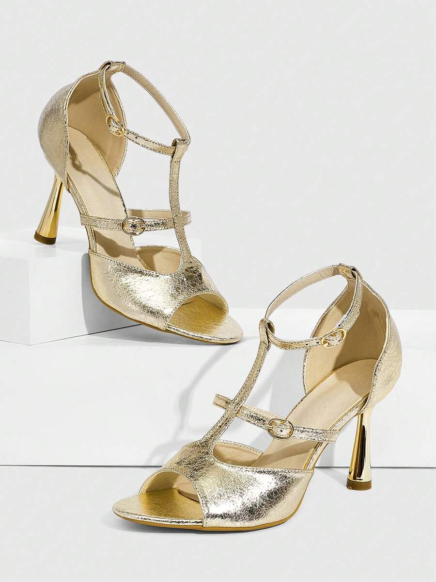 CUCCOO SZL 女士新款褶皱漆皮镂空露趾高跟凉鞋，金色 - 金色 - 查看 1