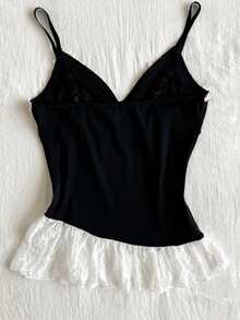 SHEIN Women's Elegant Contrast Color Lace Patchwork Camisole, Summer - Black - View 2