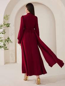 Veilorie 女士纯色立领灯笼袖优雅阿拉伯连衣裙 - 酒紅色 - 查看 7