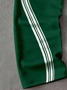 Manfinity ZONE917 宽松版型全宽休闲运动风撞色条纹交叉印花直筒抓绒运动裤，橄榄绿 - 墨綠色 - 查看 3