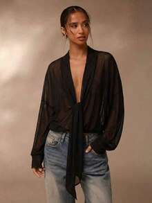 SHEIN PETITE Mesh See-Through Blouse, Vacation Style Women Shirt, Casual Blouse Top - Black - View 5