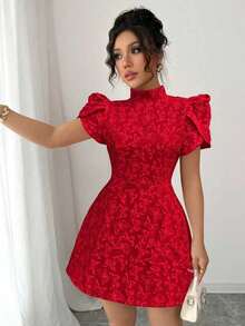 Elenzga 女士复古红色纹理面料泡泡袖优雅高领露背蝴蝶结撞色镂空腰部修身独特设计迷你连衣裙，夏季 - 紅色 - 查看 5