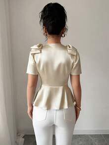 Elenzga New Women's V-Neck Bow Design Front Opening Apricot Twill Fabric Elegant Refined Young Versatile Slimming Office Lady Shirt - Apricot - View 2