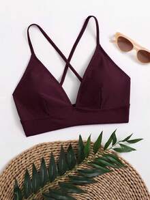 Swim Basics Top de bikini sexy de unicolor con diseño cruzado para mujer, ideal para la playa de verano - Rojo violeta - Ver 3