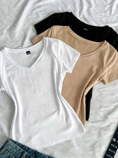 SHEIN EZwear 3件装女士夏季V领紧身T恤，朋克亚文化动漫纯色基础款V领短袖修身T恤